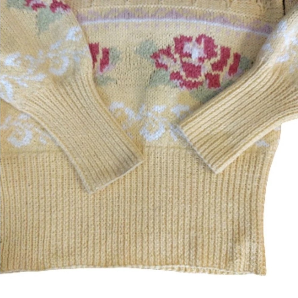 VTG 70s Yellow Pink Floral Cable Knit Vneck Sweater Large *Fits like Small - Picture 11 of 16